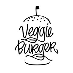 Veggie Burgers, lettering, hand drawn label. Vector Illustration, food element for fast food cafe menu, banner, poster. Calligraphy, white background.