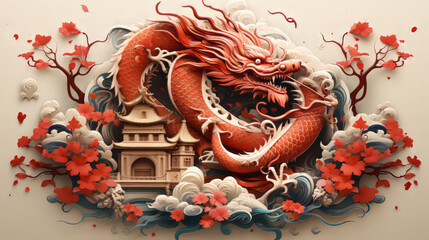 Obraz premium Paper Art Chinese New Year; Dragon Wrapped Around Building