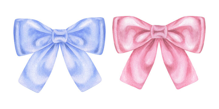 Bow Set Watercolor illustration. Hand drawn clip art on white isolated background. Drawing of blue and pink ribbon. Painting of gender party and baby shower decorations