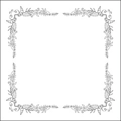 Vegetal floral frame with tropical leaves and flowers, decorative corners for greeting cards, banners, business cards, invitations, menus. Isolated vector illustration.	
