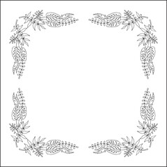 Black and white frame with tropical leaves, decorative corners for greeting cards, banners, business cards, invitations, menus. Isolated vector illustration.	
