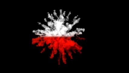 Smoke in white and red ink colors exploding in flag of Poland. Isolated on black background alpha channel.