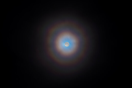 Glowing full moon at night with double rainbow halo, ring of light