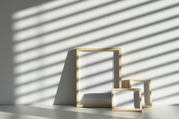 white background with shadows, plain wooden frame, light and shadows - obrazy, fototapety, plakaty