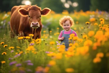 Fotobehang Little cute girl with a cow on a blooming summer meadow © artefacti