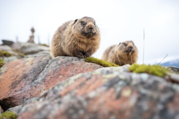 two marmots on a boulder field, one standing watch