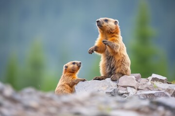 Naklejka na ściany i meble adult marmot instructing young on warning calls