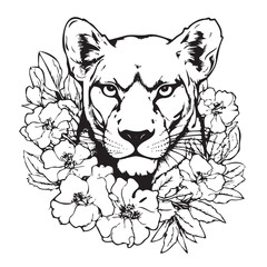 Panther in flowers hand drawn sketch Vector illustration Wild animals Safari
