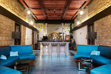 Interior of modern fashionable hall with reception desk in a hotel