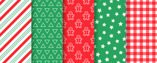 Christmas seamless pattern. Holiday background. Xmas textures with candy cane stripes, stars, gingerbread, man, check. Set of red green prints. Retro New year wrapping paper. Vector illustration