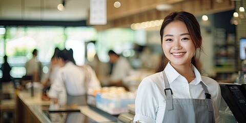 Southeast asian store clerk woman behind cashier smiling facing a customer, inside modern store mall 