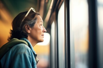 passenger in a trains last car, face turned away