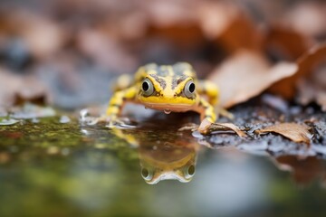 juvenile newt beside water puddle