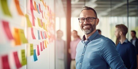 Portrait of creative caucasian happy man in casual wear talking and meeting with presentation Team discussing with colorful note paper on glass white office with sunrise lighting bokeh - Powered by Adobe