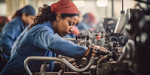 A female worker is operating machinery in a factory, surrounded by busy workers and production lines, soft focus photography - obrazy, fototapety, plakaty