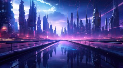 digital metropolis at night vibrant neon cityscape with futuristic skyscrapers in a sci-fi world - obrazy, fototapety, plakaty