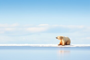 solo polar bear on a small ice floe, ocean horizon in the background