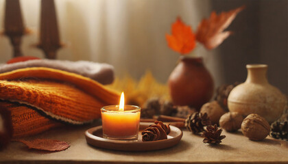 Obraz na płótnie Canvas Lit Candle Enhancing Autumn Atmosphere in Home Interior
