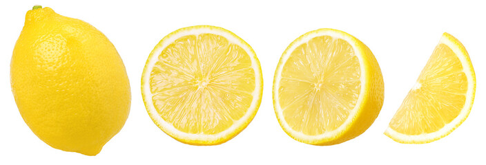 ripe lemon fruit, half and slice lemon isolated, Fresh and Juicy Lemon, transparent PNG, collection, cut out