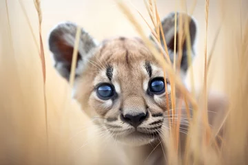 Foto op Canvas puma crouched in tall mountain grasses © primopiano