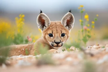  puma lying in a patch of wildflowers © primopiano