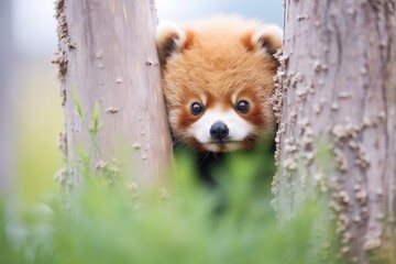 red panda peeks around trunk with curious eyes