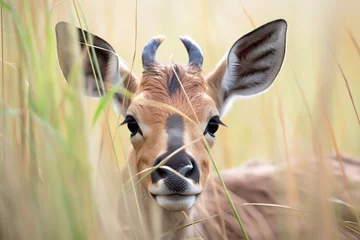 Plexiglas foto achterwand roan antelope calf hiding in tall grass © primopiano
