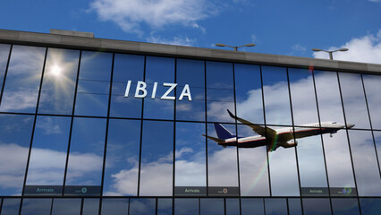 Airplane landing at Ibiza Spain airport mirrored in terminal - obrazy, fototapety, plakaty