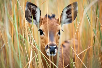 Abwaschbare Fototapete roan antelope calf hiding in tall grass © primopiano