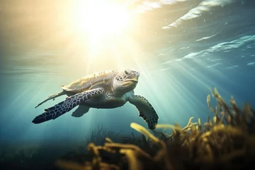 Fensteraufkleber sea turtle silhouette against sun underwater © primopiano