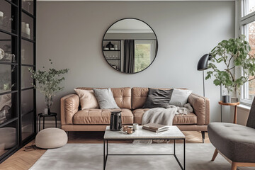 A beautifully designed modern living room featuring a plush leather sofa adorned with cushions, a stylish coffee table, and contemporary decor. The room is illuminated by natural light filtering throu