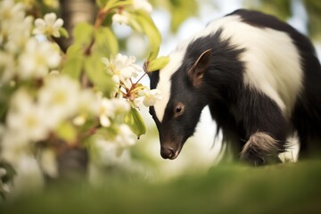 Obraz premium skunk foraging under a blooming apple tree