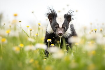 skunk waddling through a field of dandelions