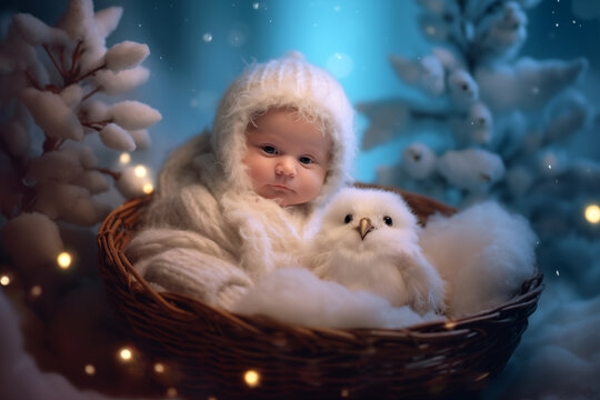 A little cute baby with a snowy owl in a basket