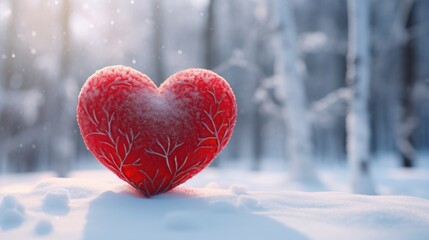 A beautiful romantic heart against the background of white frosty snow in winter. The concept of love and Valentine's Day. Abstract background. A symbol of love and loyalty.