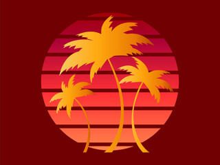 Fototapeta na wymiar Silhouettes of yellow and orange palm trees against the backdrop of a red sunset in retro 80s style. Synthwave and retrowave style. Design of advertising booklets and banners. Vector illustration