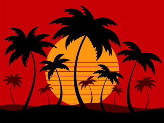 Fototapeta na wymiar Palm trees on a retro sunset background. Tropical palm trees against the backdrop of a futuristic sunset. Design for promotional products, banner and poster. Vector illustration