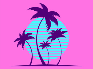 Fototapeta na wymiar Outlines of palm trees at sunset in the style of the 80s. Palm trees and blue sun on a pink background. Print design for advertising banners and posters. Vector illustration