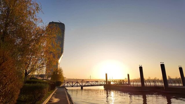 Belgrade waterfront tower and promenade on Sava river, Belgrade, Serbia.