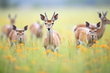 springboks peaceful grazing amidst wildflowers - obrazy, fototapety, plakaty