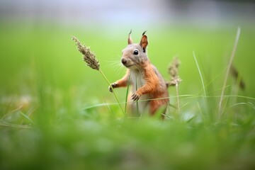squirrel gathering twigs on grass