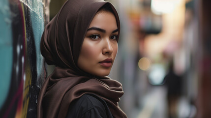 Portrait of a Young Muslim Woman wearing a Hijab - Copy Space - obrazy, fototapety, plakaty