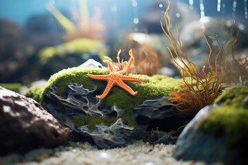 starfish clinging to a rock surrounded by seaweed