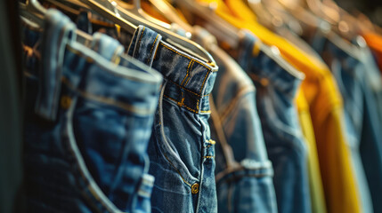 Close-up of colorful blue jeans hanging on a rack in a store. Background for denim clothing store, a large assortment of denim pants of different colors.