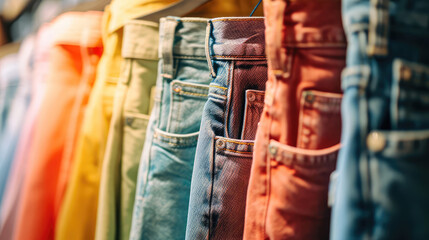 Close-up of pastel colorful jeans hanging on a rack in a store. Background for denim clothing store, a large assortment of denim pants of different colors. - obrazy, fototapety, plakaty