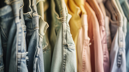 Close-up of colorful jeans hanging on a rack in a store. Background for denim clothing store, a large assortment of denim pants of different colors.