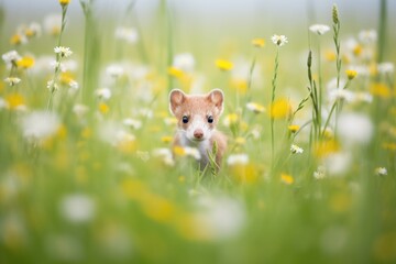 stoat hiding behind wildflowers in a meadow