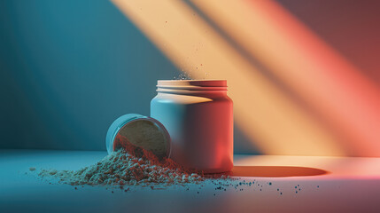 Mockup of round jar of creatine powder health supplement. Sports supplement packaging template on flat background with copy space for text. - obrazy, fototapety, plakaty