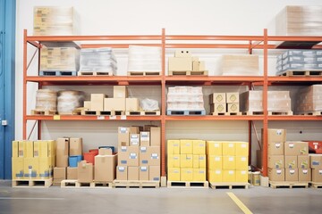 warehouse shelves organized with labeled boxes