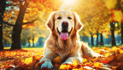 Portrait of a beautiful golden retriever lying on leaves with autumn colors in a public park with deciduous trees. Generative Ai.